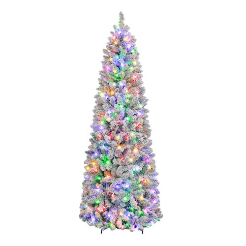 Hykolity 6ft Pre-Lit Snow Flocked Slim Tree, 200 Multi Color LED Lights, 544 Realistic PVC Tips, Hinged Design, Metal Base, 10 Modes | Amazon (US)