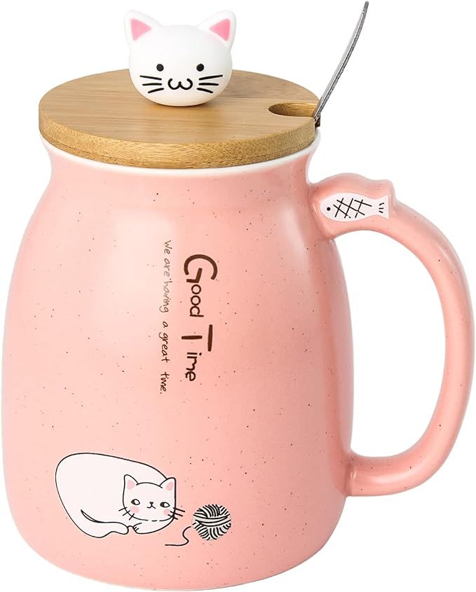 15oz Cute Cat Coffee Mug, Ceramic Tea Cup Milk Mug with Lovely Kitty Bamboo lid and Stainless Ste... | Amazon (US)