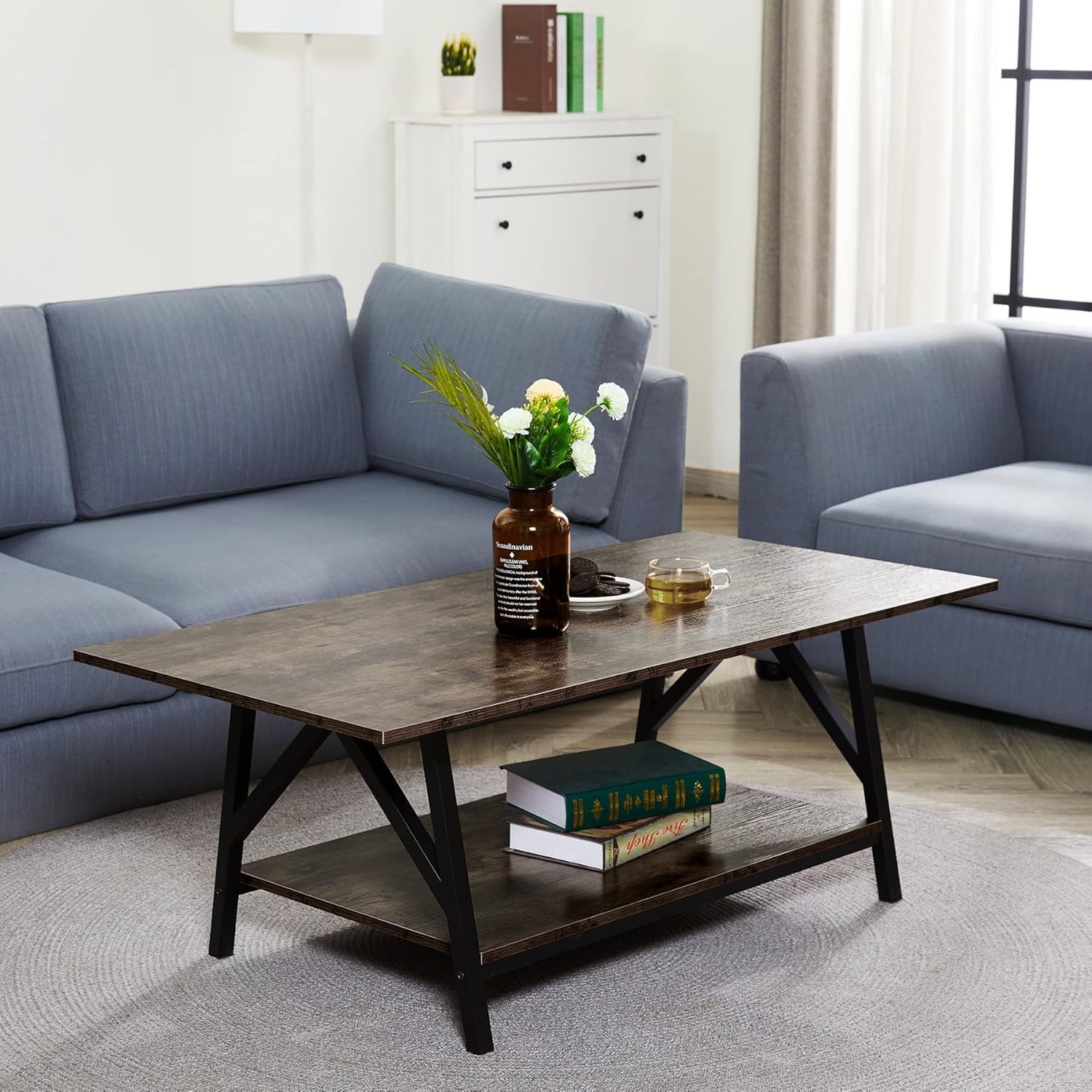 CO-Z 47" Industrial Coffee Table with Storage Shelf, Wood and Metal Legs for Living Room, 2-Tier ... | Amazon (US)