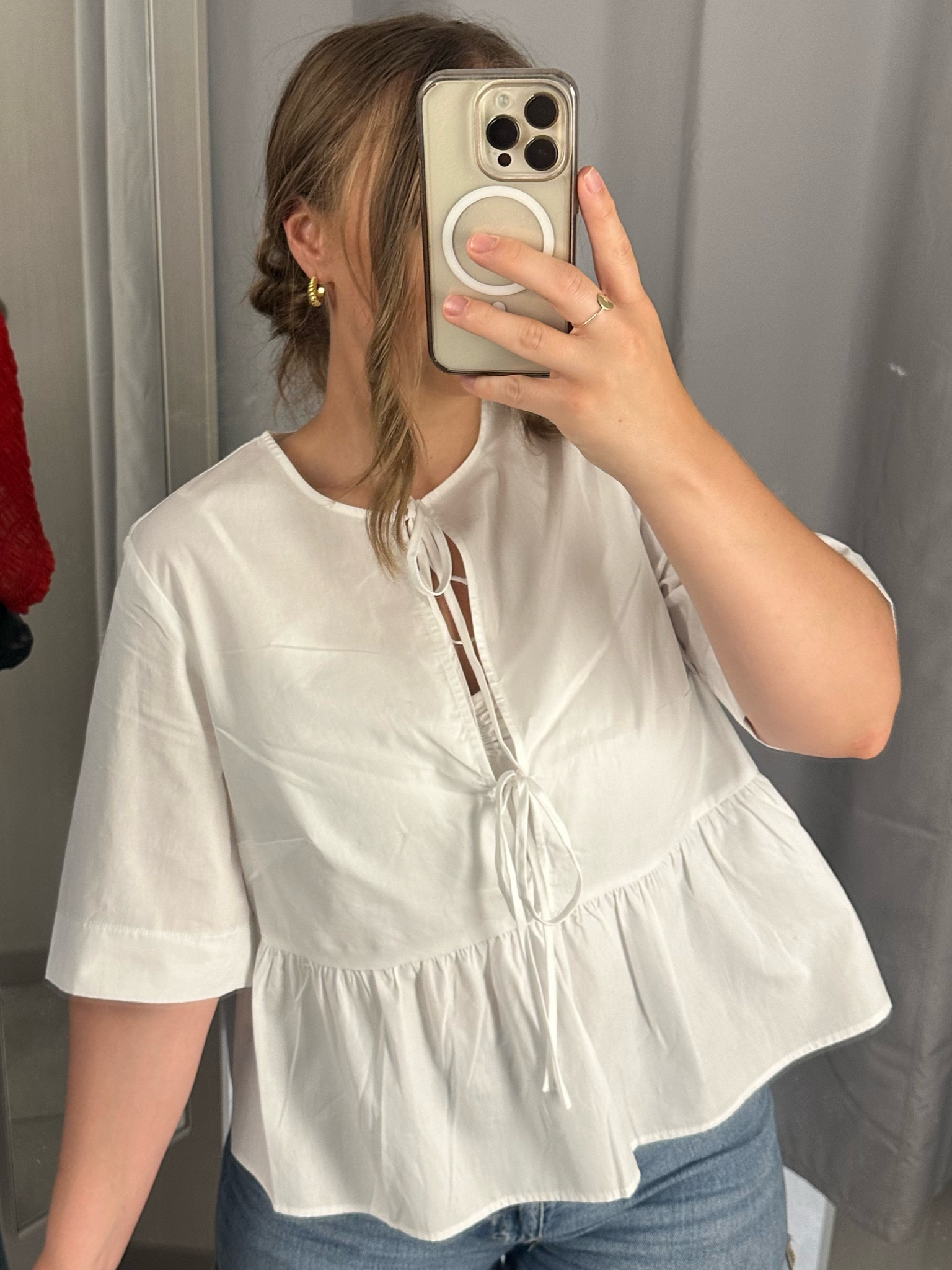 The infamous “bye or buy” tie-front blouse is restocked in both colors and on sale! Wearing a medium 🎀

#LTKSaleAlert