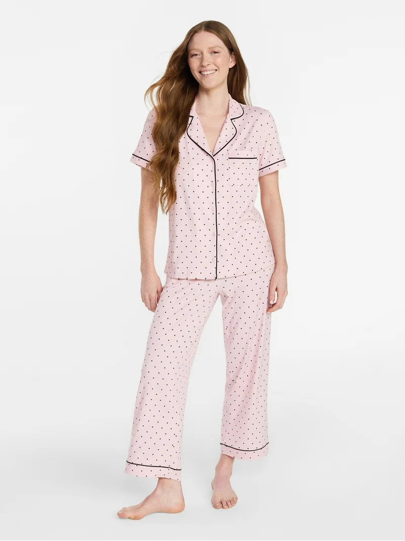 Joyspun Women's Dreamy Soft Collection Notch Knit Top and Capri Pants Pajama Set, 2-Piece, Sizes ... | Walmart (US)