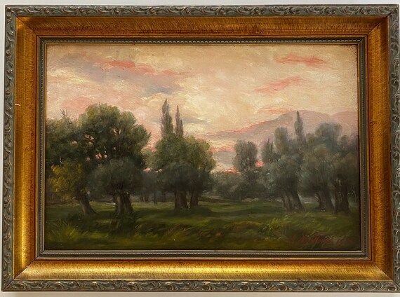 Antique vintage oil painting framed landscape impressionist impasto continental Italian trees sun... | Etsy (US)