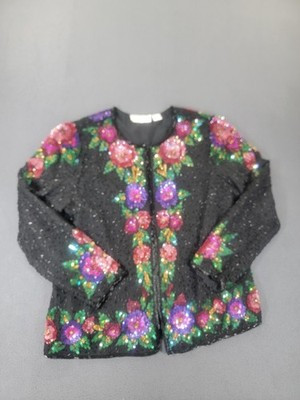 Vintage Laurence Kazar Jacket Womens XL Black Silk Beaded Sequin Floral 90s | eBay | eBay US