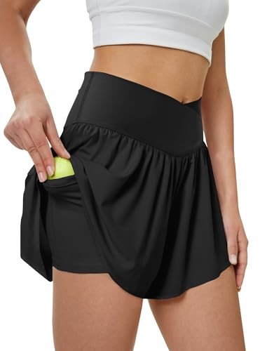 DLOODA Women's Athletic Running Shorts with Pockets Crossover Butterfly Flowy Shorts Cute Summer Skorts (Black M) | Amazon (US)