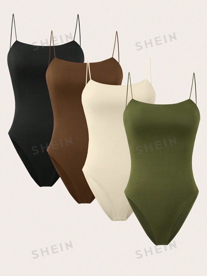 SHEIN Essnce 4pcs Solid Cami Bodysuit | SHEIN