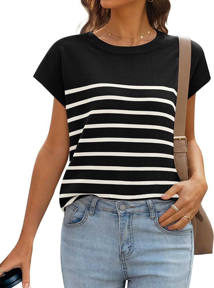 MIROL Women's Cap Sleeve Striped Tops 2024 Batwing Short Sleeve Summer Crewneck Tee Knit Casual L... | Amazon (US)