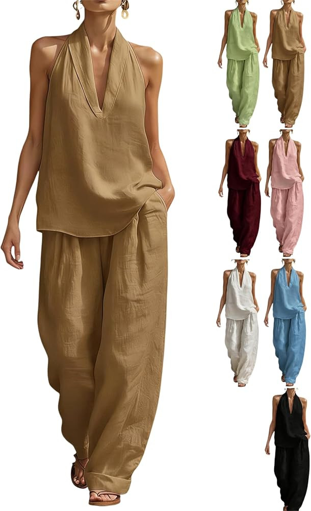 Linen Sets for Women 2 Piece Summer Halter V Neck Sleeveless Tops Wide Leg Pants Casual Trendy Be... | Amazon (US)