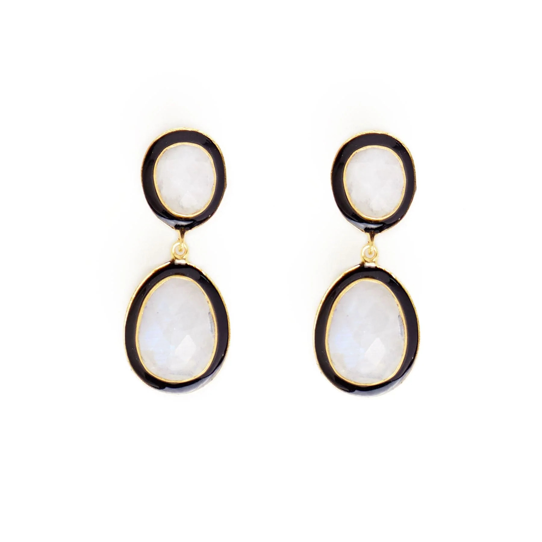 Elaine Semi-Precious Stone + Enamel Drop Earrings Black + Rainbow Moonstone | INK+ALLOY
