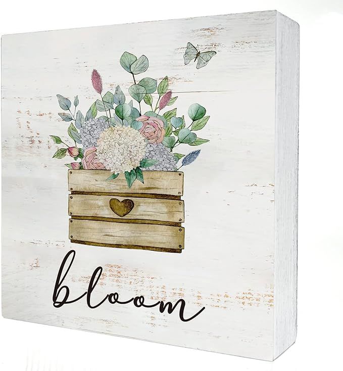 Bloom Wood Box Sign Home Decor Rustic Spring Flowers Bloom Wooden Box Sign Block Plaque for Wall ... | Amazon (US)