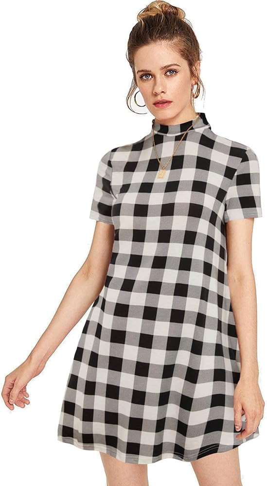 Milumia Women's Plaid Print Mock Neck T Shirt Dress Short Sleeve Loose Swing Dress | Amazon (US)