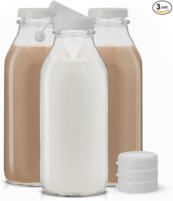 Milk Bottle with Lid AND Pourer Multi-Pack. 32 Oz Reusable Glass Bottles with 6 Lids! Jug Pitcher... | Amazon (US)