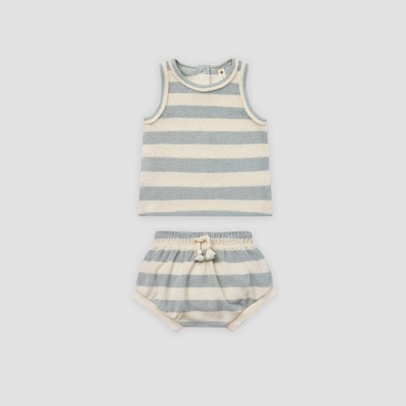 Q by Quincy Mae Baby Striped Retro Terry Top & Bottom Set - Blue/Off-White | Target