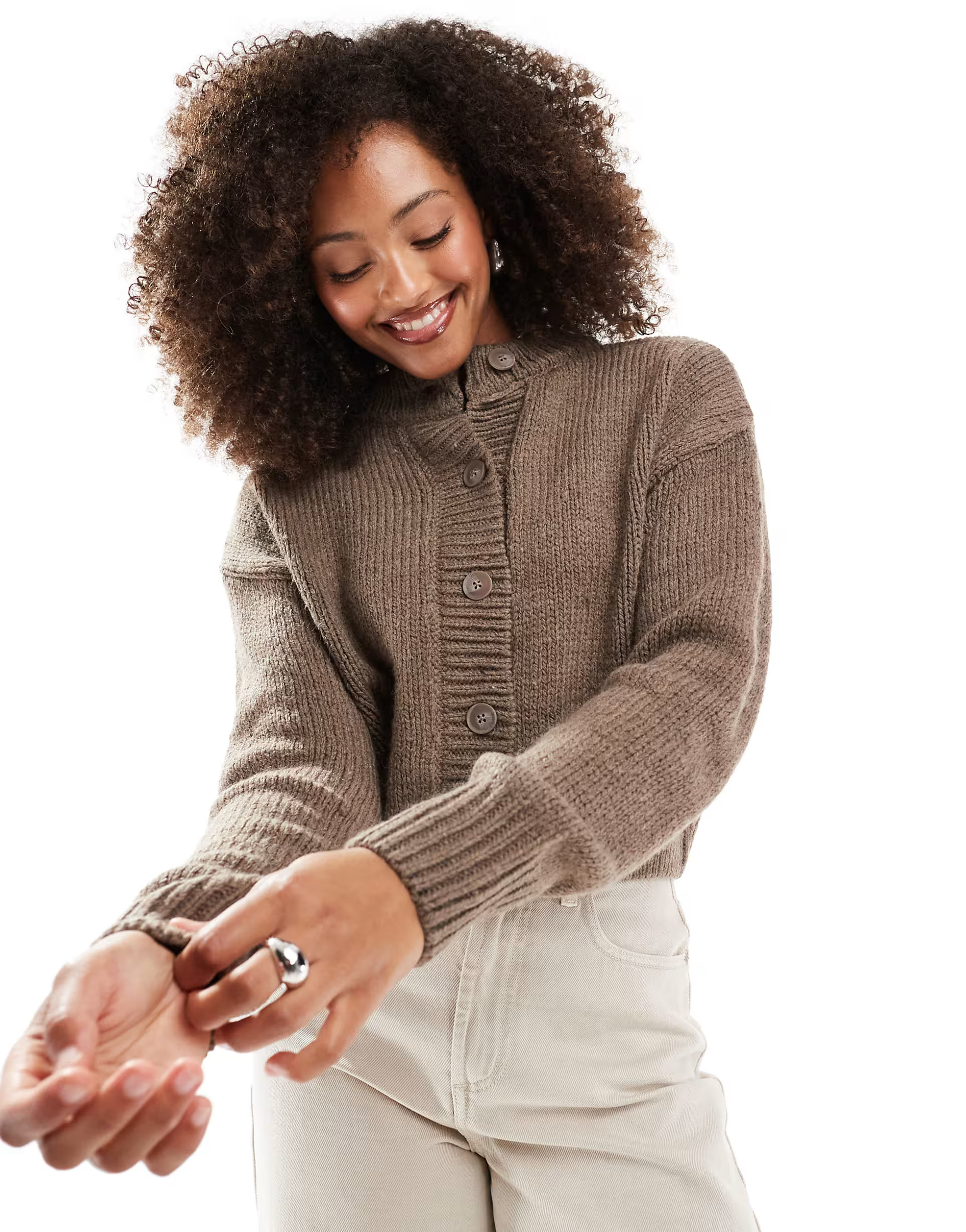 ASOS DESIGN crop crew neck cardigan in mocha | ASOS (Global)