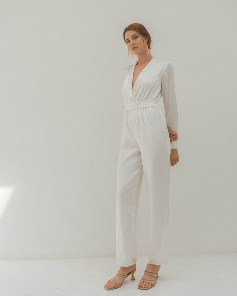 Ready to ship - Olesia Cream White Satin Bridal Jumpsuit | Etsy (US)