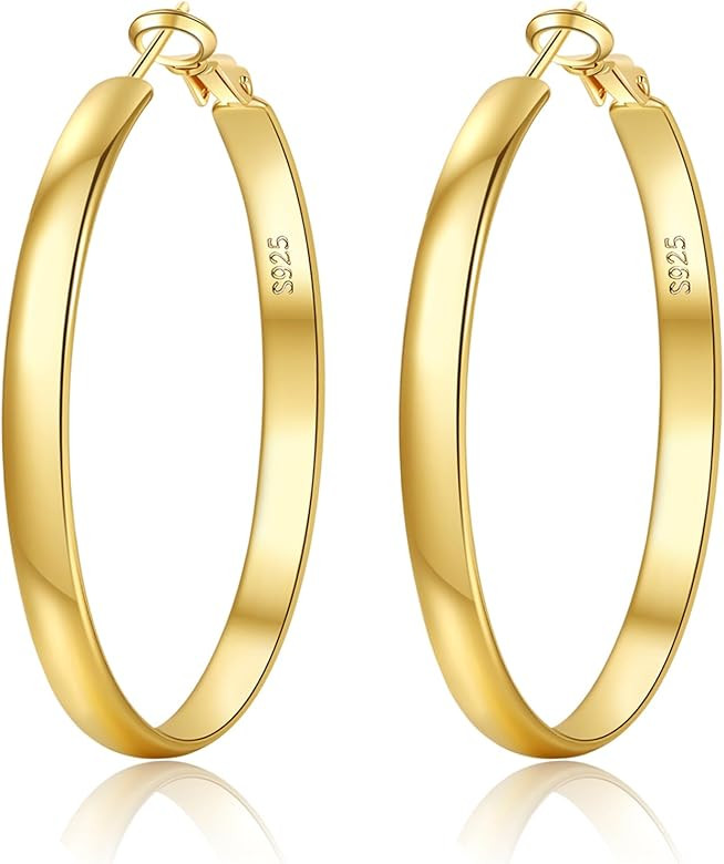 EXGOX 5mm Wide Gold Hoop Earrings for Women,Sterling Silver Hoop Earrings Large Silver Hoop Earri... | Amazon (US)