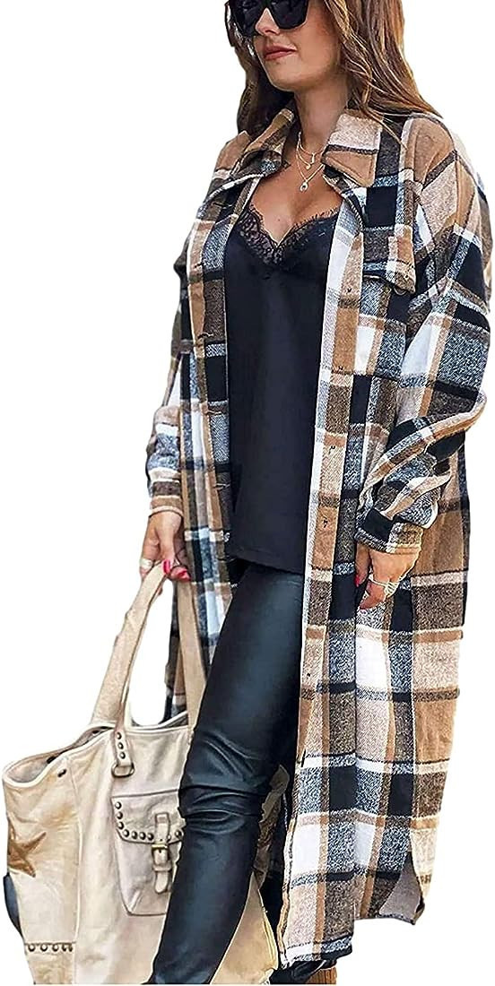 Peaceglad Women's Lounge Lapel Button Up Long Fall Plaid Shirt Jacket Outfit Plaid Shacket Amazon | Amazon (US)