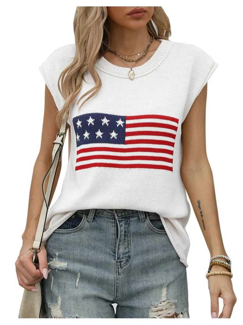 American Flag Graphic Sweater Vest for Women Summer Lightweight Knitted Sweaters Crew Neck Cap Sl... | Walmart (US)