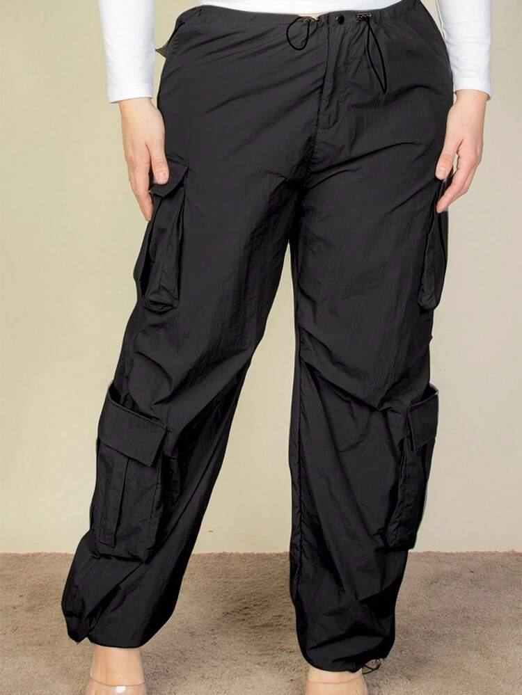 Plus Size Women's Casual Flap Pockets Drawstring Ruched Parachute Pants | SHEIN