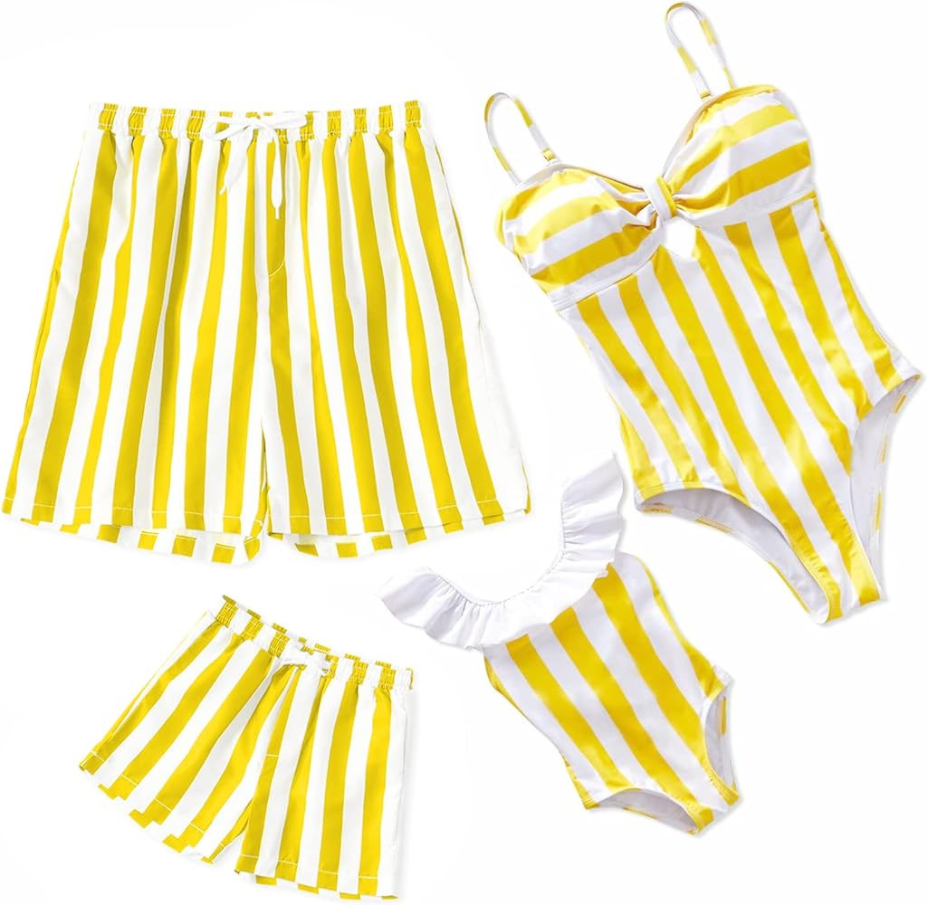 IFFEI Family Matching Swimwear One Piece Bathing Suit Striped Hollow Out Monokini Mommy and Me Beach | Amazon (US)