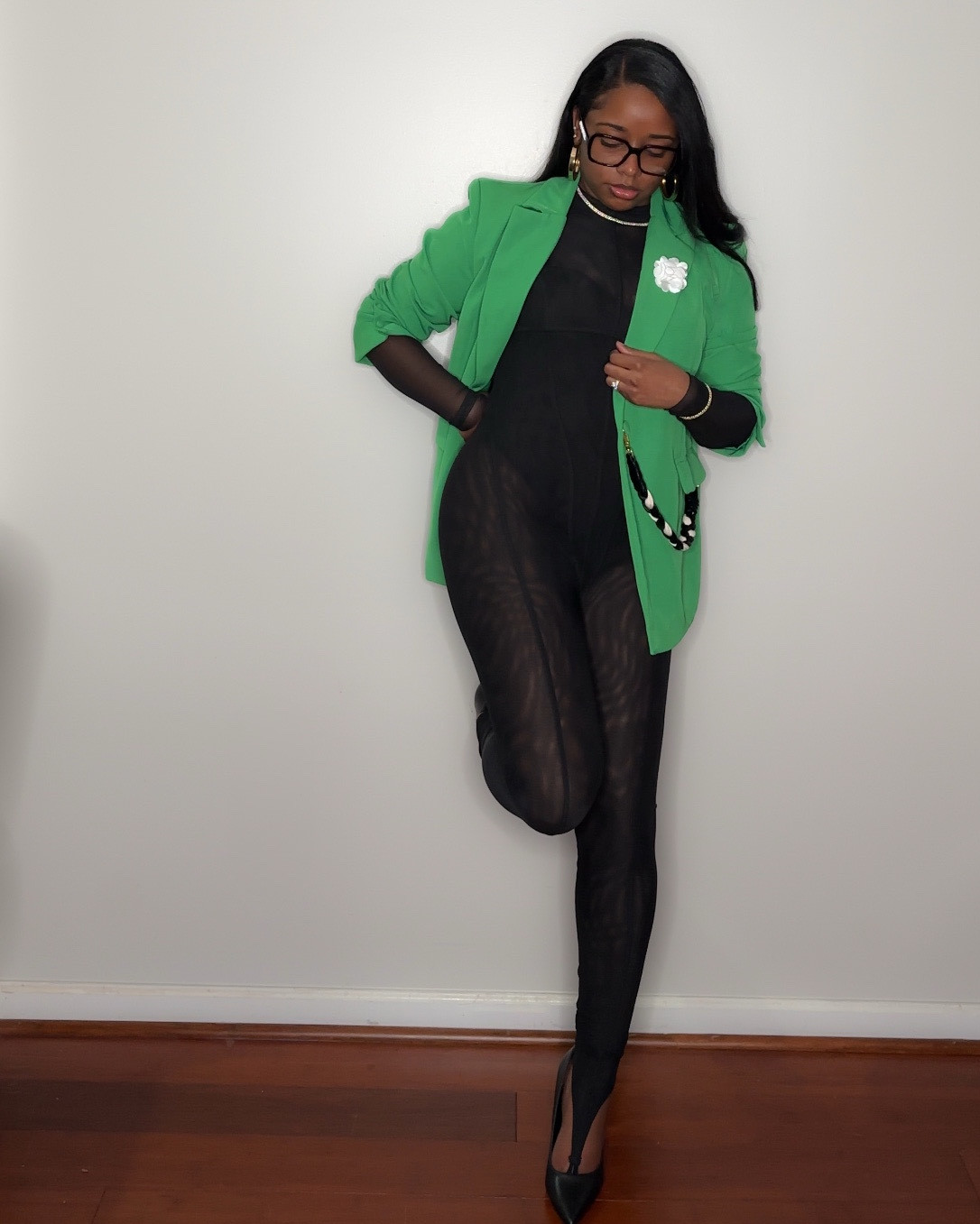 Green and Black Mesh Girls night outfit 

Green blazer, black mesh jumpsuit, mesh bodysuit, Chanel clear frame glasses, black pumps

#LTKStyleTip

#LTKStyleTip