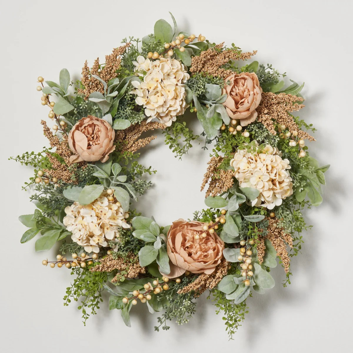 Pistachio Latte Hydrangea and Peony Everyday Front Door Fall Wreath | Darby Creek Trading