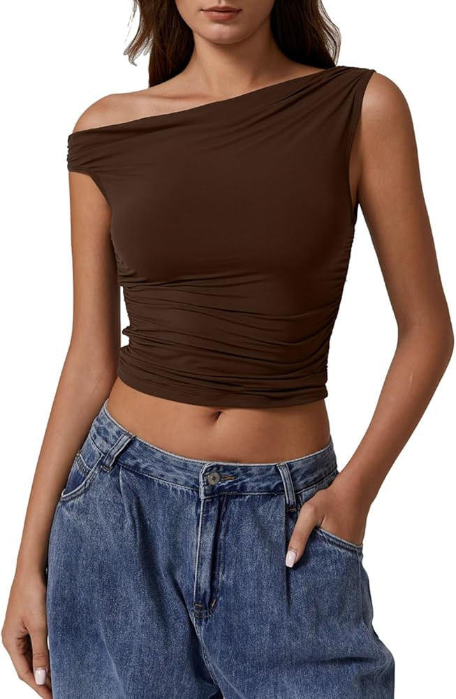 QINSEN Womens One Shoulder Sleeveless Basic Top Double Lined Slim Fit T Shirt Cropped Tee | Amazon (US)
