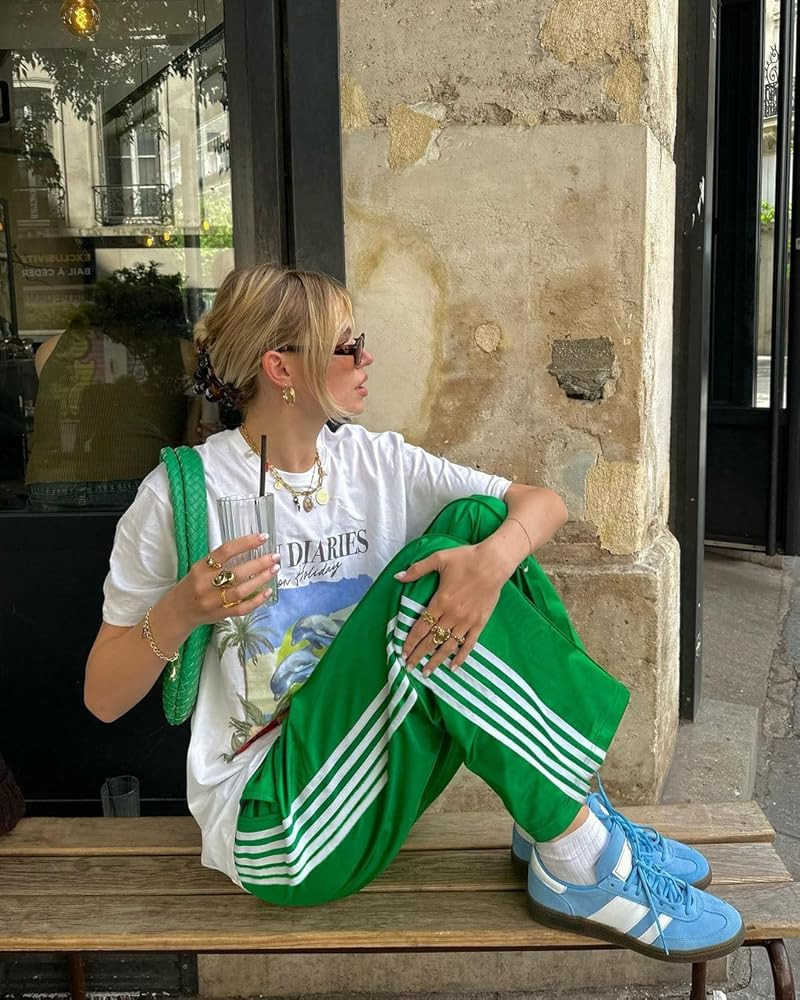 KMBANGI Women Striped Track Pants Elastic Waist Straight Leg Sweatpants Joggers Wide Leg Side Str... | Amazon (US)