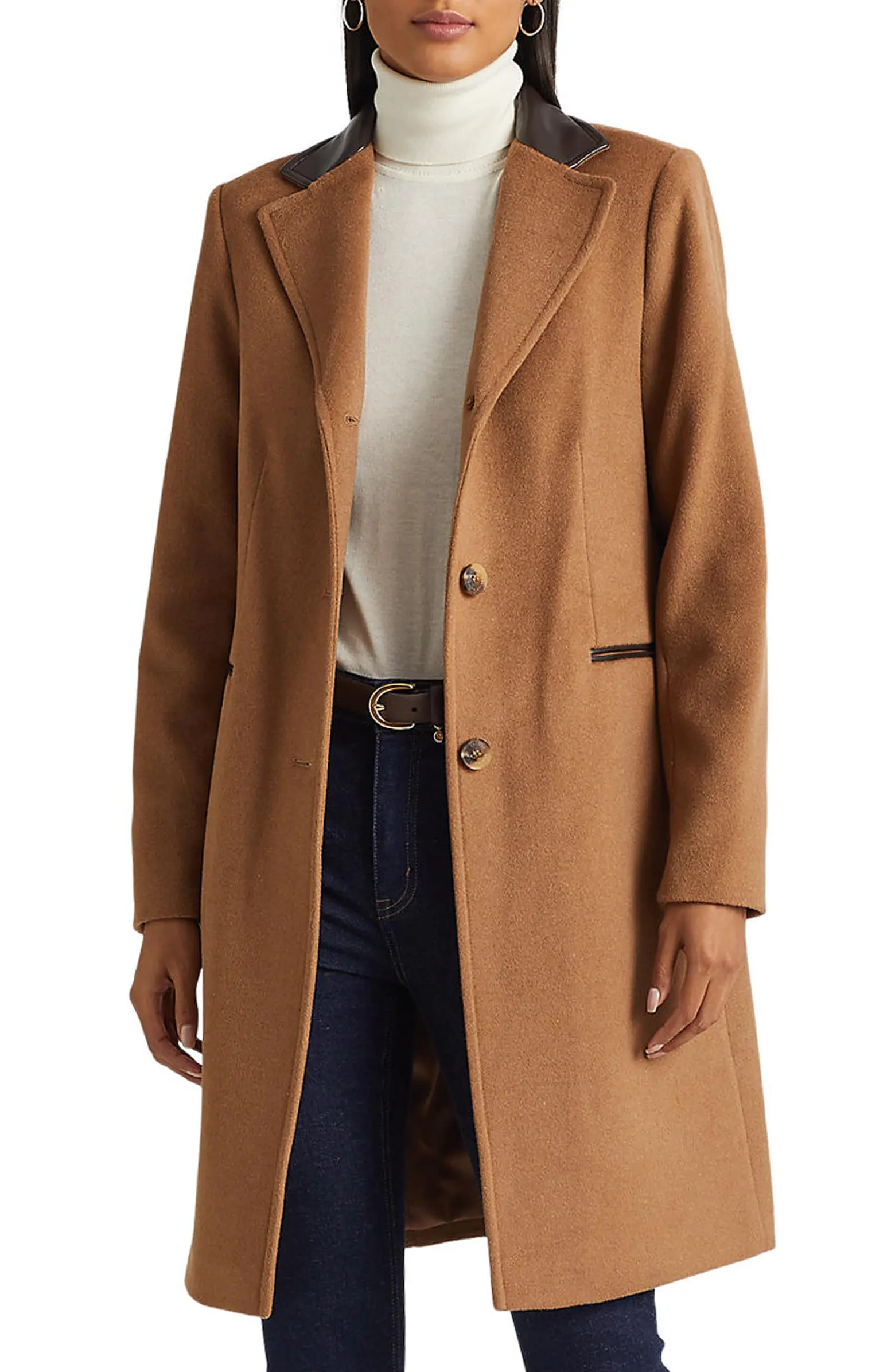 Faux Leather Trim Wool Blend Longline Coat | Nordstrom