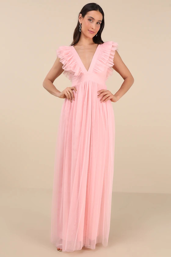 Simply Delighted Pink Mesh Ruffled Backless Maxi Dress | Lulus