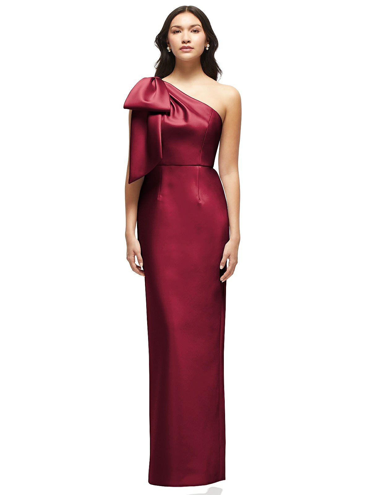 Oversized Bow One-Shoulder Satin Column Maxi Dress in Burgundy | Dessy Group