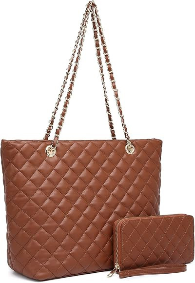 XB Tote Purse and Handbags Set for Women Leather Quilted Shoulder Bag Wristlet Wallet Zipper 2pcs... | Amazon (US)