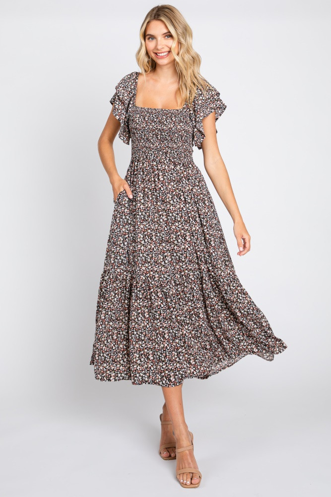 Black Floral Flutter Midi Dress | PinkBlush Maternity