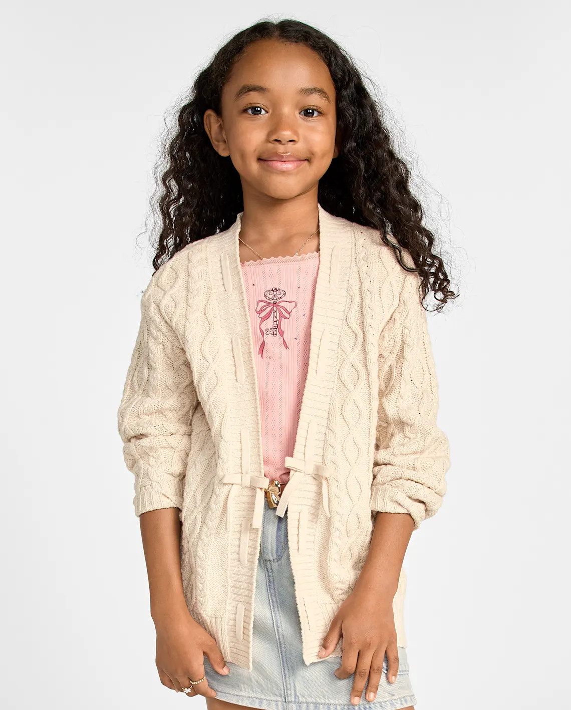 Girls Lace Up Bow Cable Knit Cardigan - cream | The Children's Place