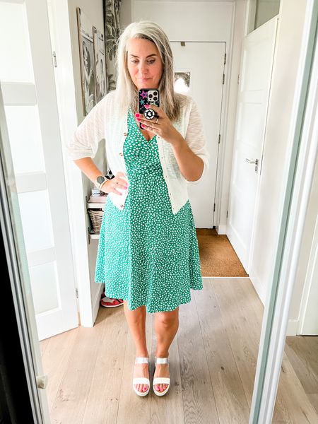 Outfits of the week. A green ditsy floral print tall friendly mini dress and a light weight white cardigan and white sandals (old). 



#LTKeurope #LTKstyletip #LTKmidsize