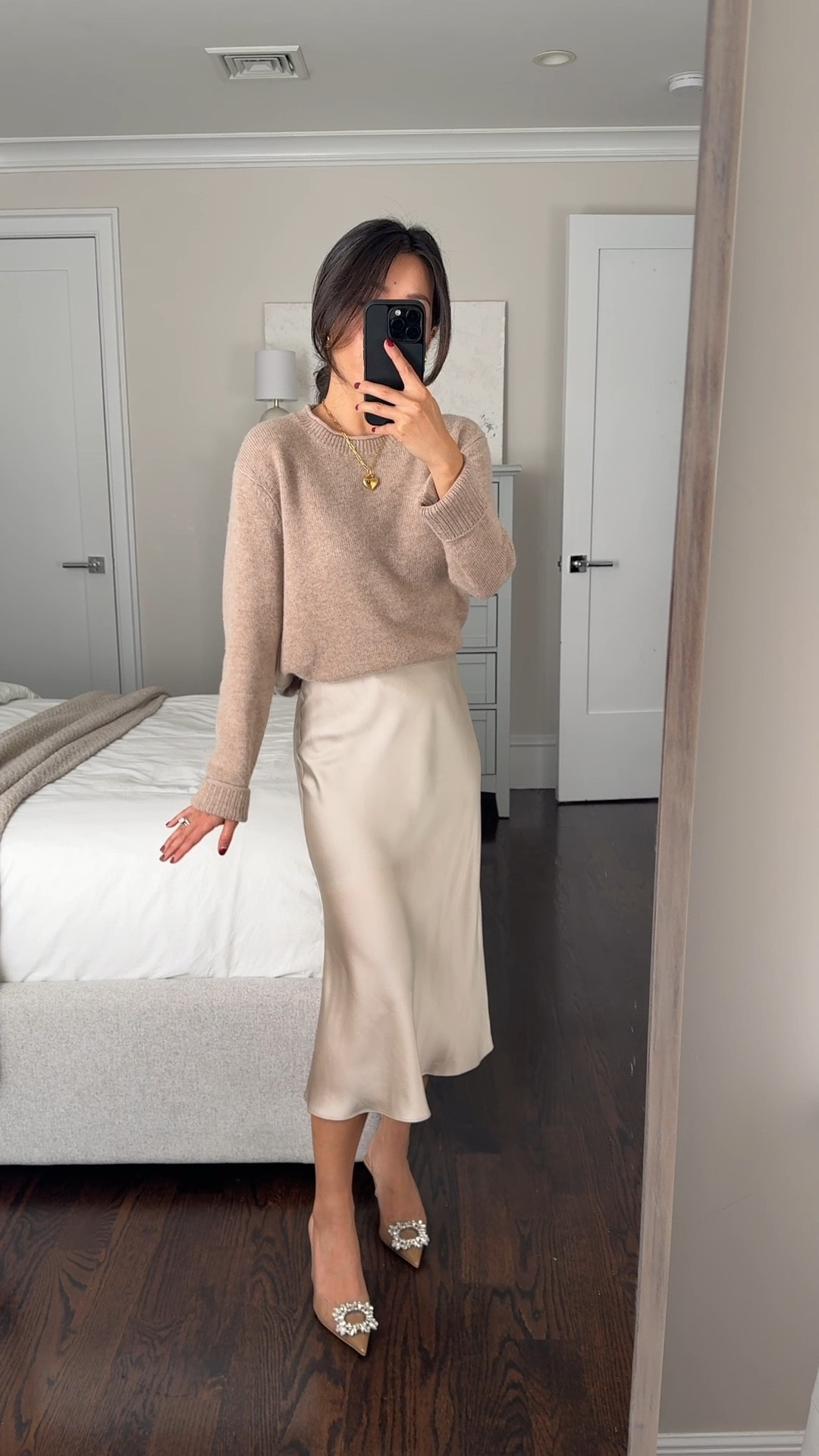 Cashmere on silk has been a foolproof combo lately. This is a boxier, shorter pullover with small slits on the side - cute half tucked into jeans too!

• Cashmere Boxy Crewneck Sweater in oatmeal size xs

My most favorite petite friendly smaller fit cut is their shrunken cashmere sweatshirt that is linked under similar and available in same color  - I take XS 

And for a thicker warm option their fisherman sweater is ribbed and weightier! 

• 100% Silk Slip Skirt in champagne size xs - this champagne color is gorgeous! XS Measures 12.5” across the elastic waist. 

Work with shaper shorts underneath. 

• old Zara heels 

@oneQuince #QuincePartner

Holiday outfits, family photo outfits, Christmas party, cashmere sweater gifts for her 

#LTKHoliday #LTKFindsUnder100 #LTKParties