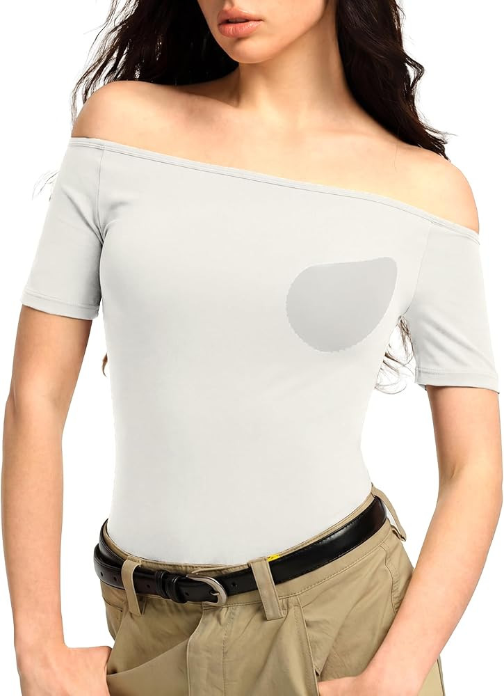 Off The Shoulder Tops for Women Built-in Bra Short Sleeve Shirts Seamless Stretch Summer Going Ou... | Amazon (US)