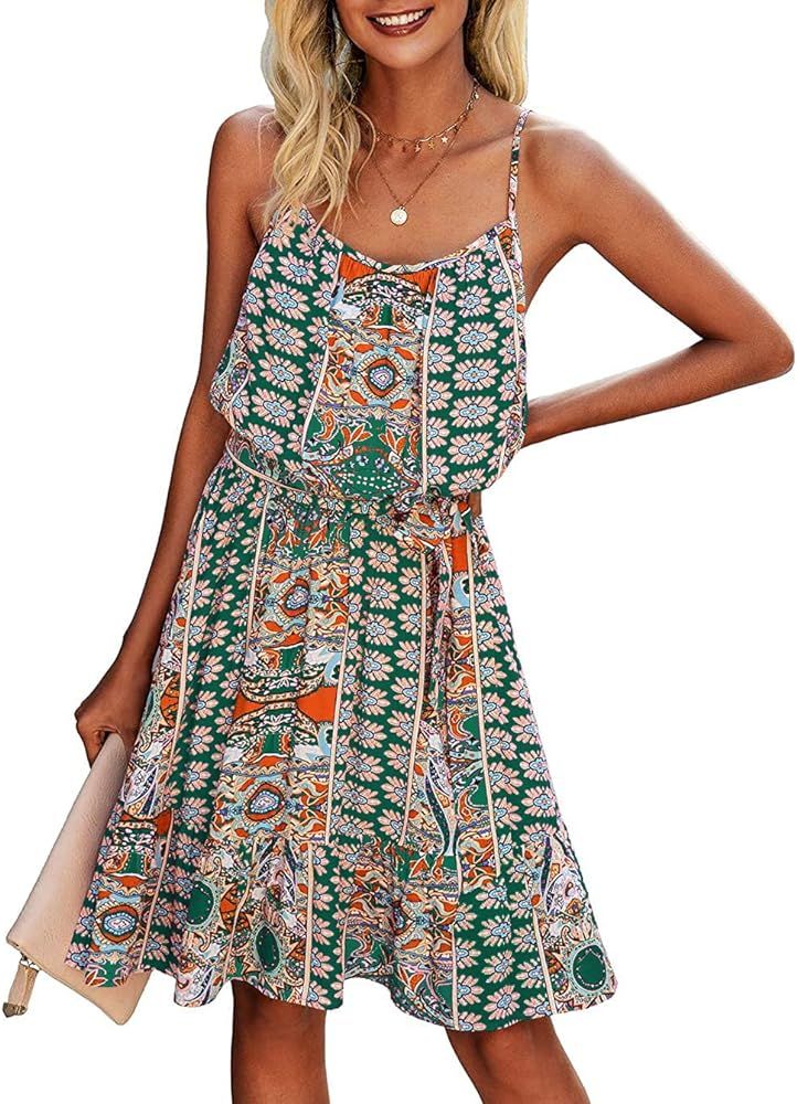 PRETTYGARDEN Women's Summer Mini Sundress Casual Spaghetti Strap Dresses Floral Sleeveless Ruffle... | Amazon (US)