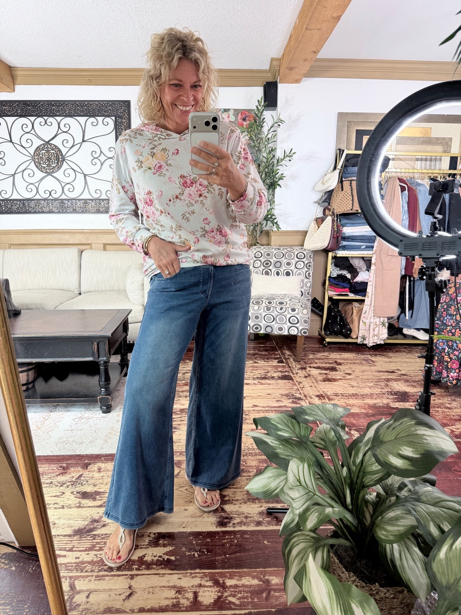 Casual fall outfit idea- floral lightweight hoodie size 10, drapey elastic waist jeans size 12

#LTKOver40 #LTKMidsize #LTKSaleAlert