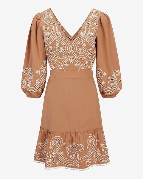 Embroidered Eyelet V-Neck Tie Back Mini Dress | Express