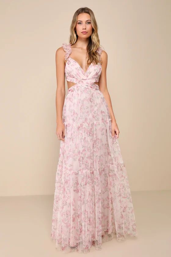Ethereal Love Blush Floral Pleated Tiered Tie-Back Maxi Dress | Lulus