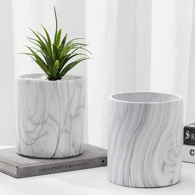 MyGift 4.5 Inch Mini Marble Design Cement Round Planter Pots, Set of 2 | Amazon (US)