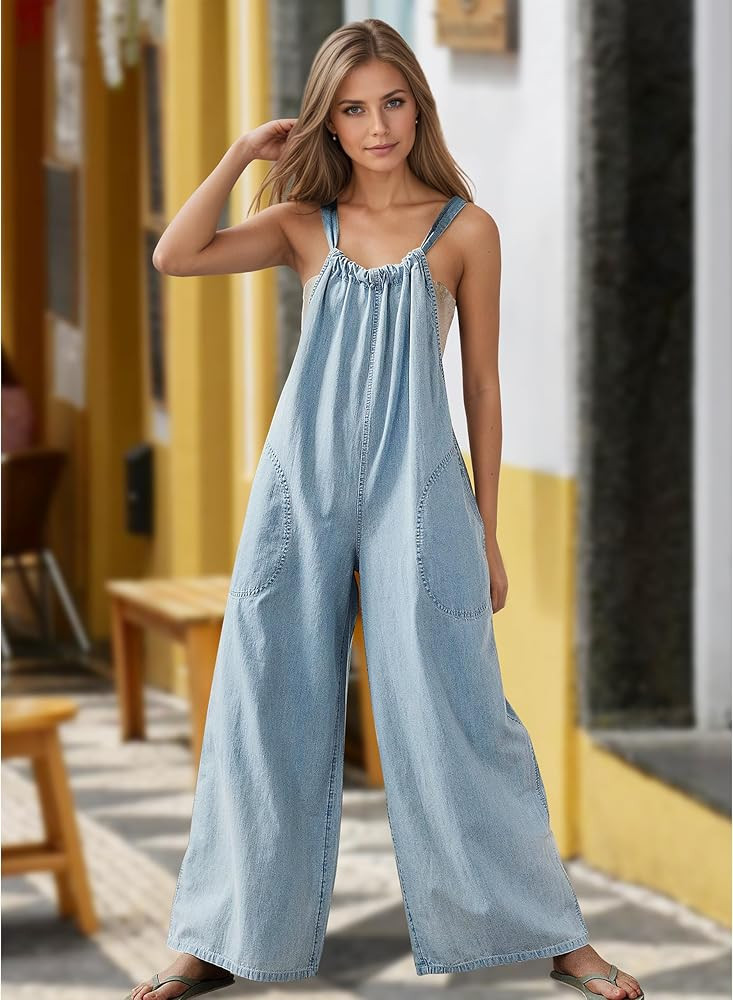 YUENIU Women's Slouchy Denim Overalls Wide Leg Jumpsuit Casual Adjustable Tie Back Backless Jean ... | Amazon (US)