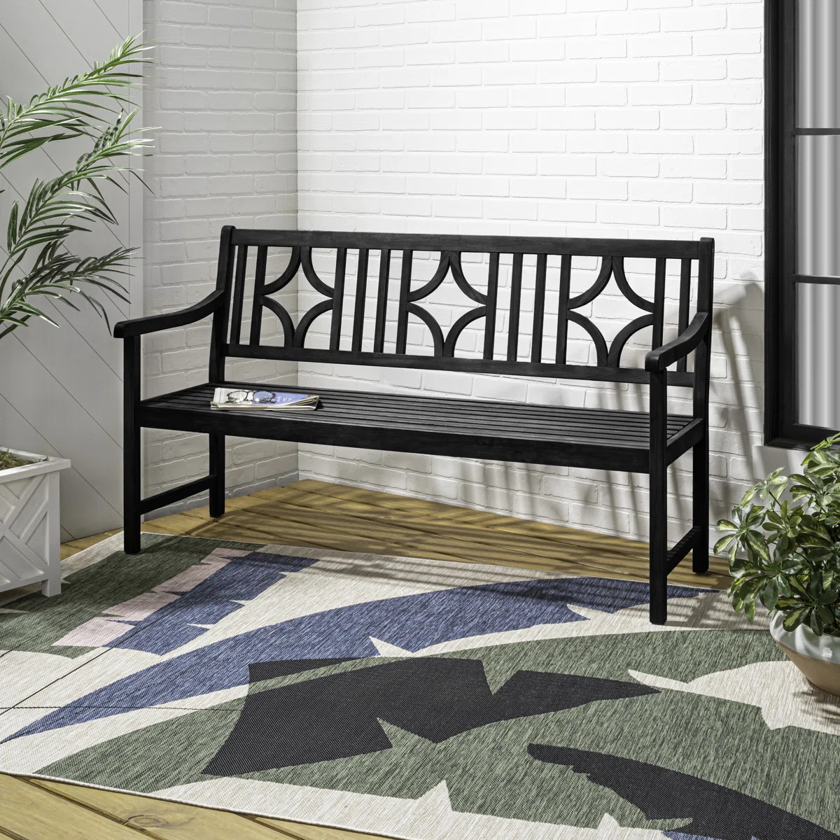 Sloane 59" Classic Solid Acacia Wood Outdoor Bench with Geometric Back & Armrests, Black Finish P... | Wayfair North America