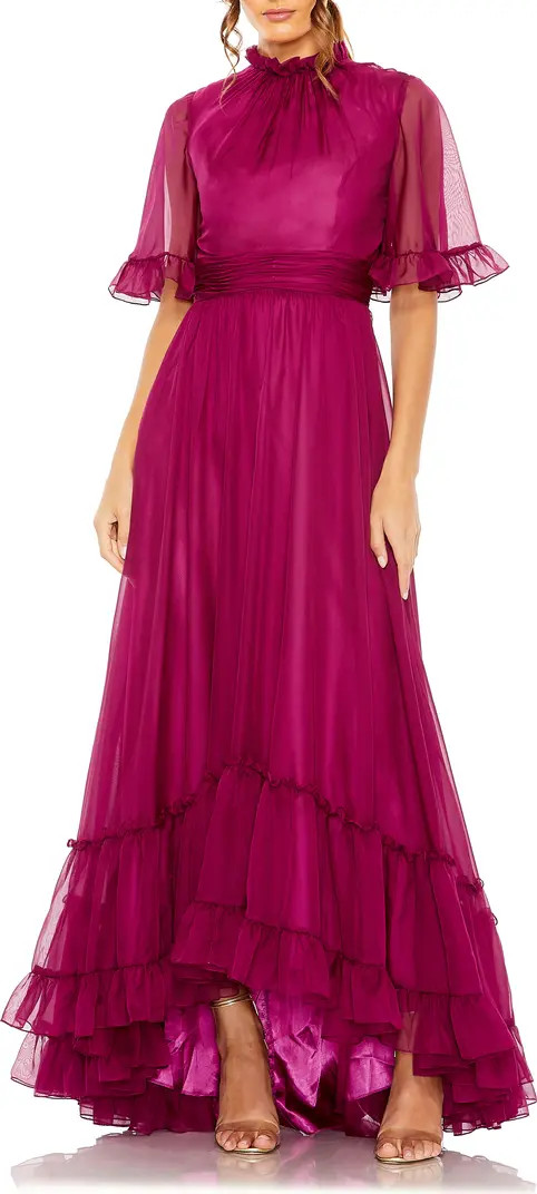 Ruffle High Neck Flutter Sleeve A-Line Gown | Nordstrom