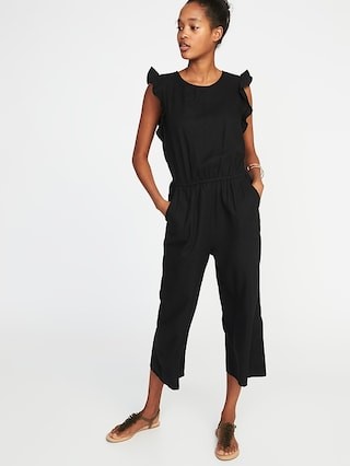 Old Navy Womens Sleeveless Ruffle-Trim Linen-Blend Utility Jumpsuit For Women Blackjack Size XXL | Old Navy US