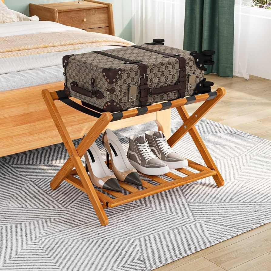 Smuxee Fully Assembled Honey Luggage Rack, Upgraded Bamboo Foldable Suitcase Stand with 5 Nylon S... | Amazon (US)