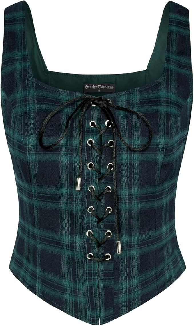 Scarlet Darkness Women's Renaissance Pirate Vest Plaid Steampunk Costume Waistcoat | Amazon (US)