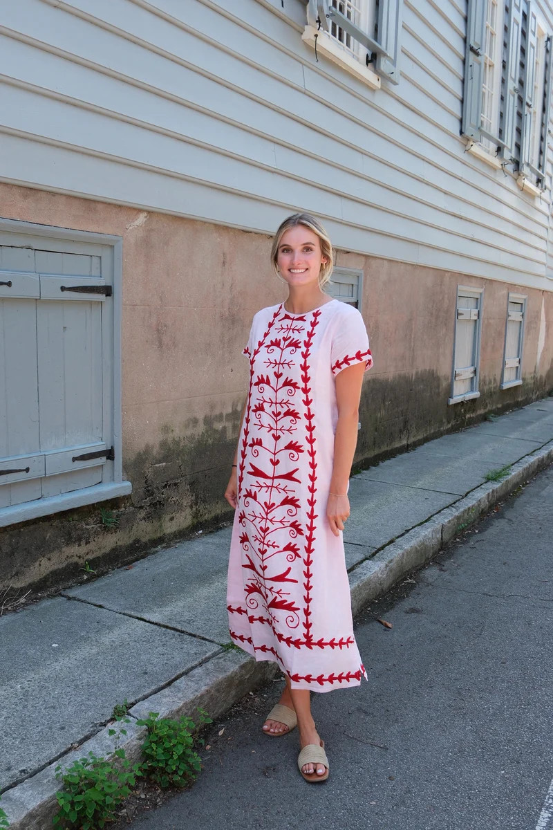 Anne Maxi Linen Dress Shell Pink with Red Embroidery | Madison Mathews
