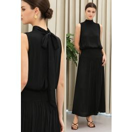 Tie-Neck Buttoned Back Sleeveless Maxi Dress in Black for Bridal Showers & Tea Parties | Chicwish