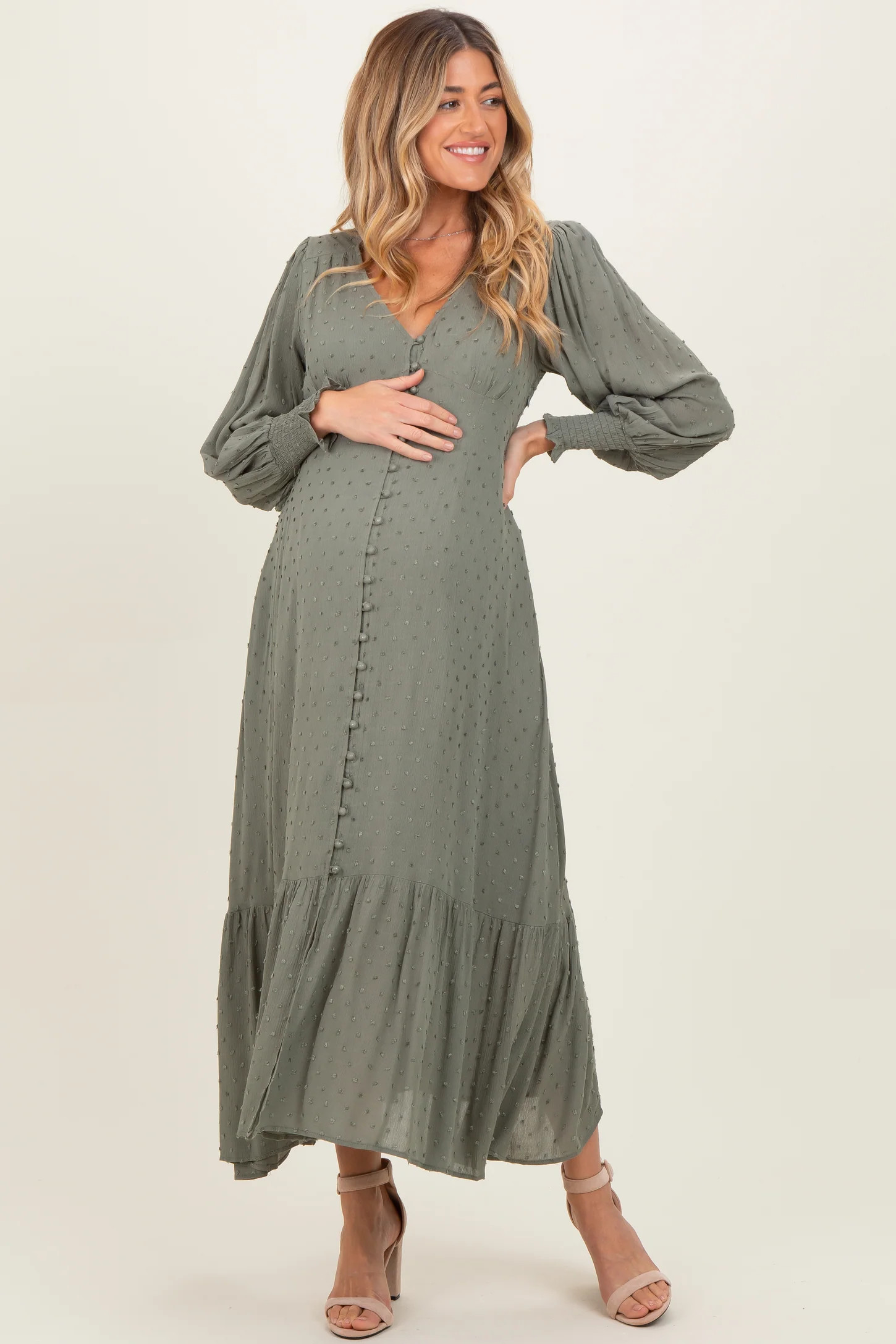 Dusty Olive Swiss Dot Button Down Maternity Maxi Dress | PinkBlush Maternity